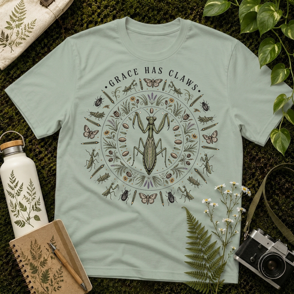 Grace Has Claws Praying Mantis Mandala Tee